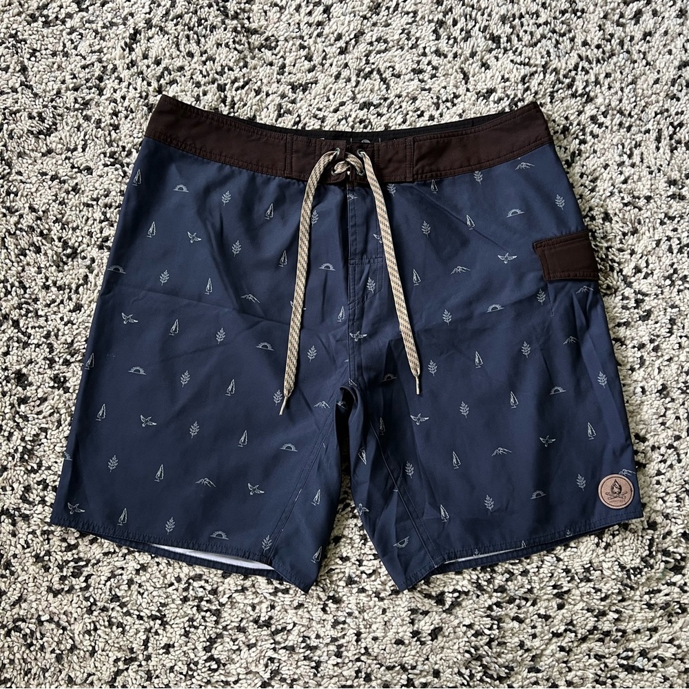 Hippy Tree Aquatic Division Board Shorts Navy Blue Drawstring Waist Men’s 36